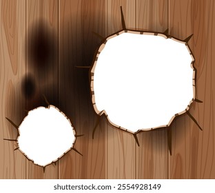 Illustration of burnt holes on a wooden surface