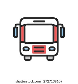 Illustration of a bus in a flat style with black outlines red accents. The image is clean and modern.