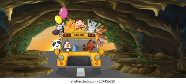 Illustration of a bus full of animals inside the cave