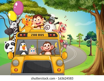 Illustration of a bus full of zoo animals