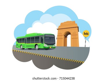 Illustration of Bus and India Gate 