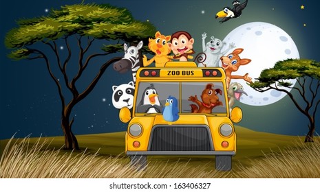 Illustration of a bus near the trees full of animals