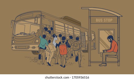 ilustración del autobús con pasajero en pánico