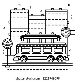 Illustration of bus station, bus and clock on city background. Vector line art illustration.