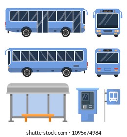Illustration of bus stop. And various views of buses. Vector transportation urban public