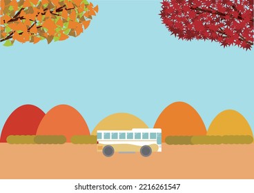 Illustration of a bus tour with autumn leaves in the background