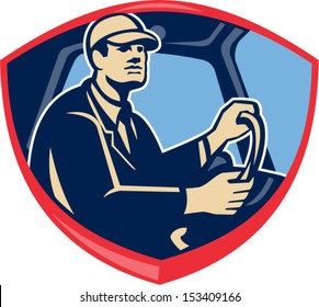 Illustration Of A Bus Or Truck Driver Driver Inside Vehicle Viewed From Side Set Inside Shield Crest Done In Retro Style.