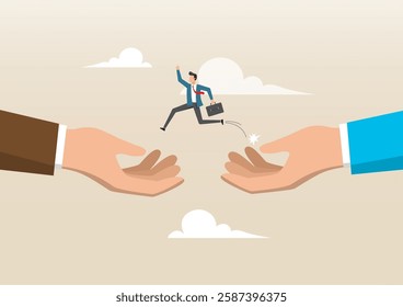 An illustration of a busin jumping from giant hand to a n place. Change job or career, escape from toxic office, determination and courage to change to better place, improvement or progression concept