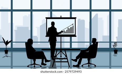 Illustration of business bar chart presentation in the office room. Vector illustration of office worker presentation. Meeting room with presentation report of businessman and finance conversation