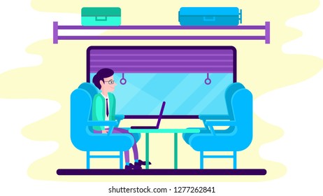 Illustration of a business class train. It features the inside of the train with a businessman sitting using his laptop sitting privately. Works great on travel or transport related designs or project