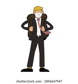 Illustration of a business concept of a businessman wearing a protective mask holding a bag.