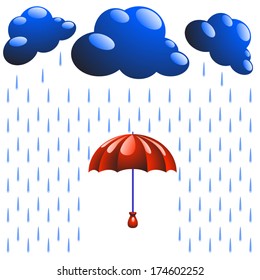 illustration of business concept of protection. red umbrella with blue clouds and rain