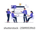 Illustration of business data analysis team meeting. Project development, data analytics, business plan. Illustration for websites, landing pages, mobile apps, posters and banners.