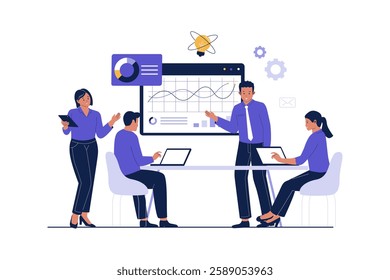 Illustration of business data analysis team meeting. Project development, data analytics, business plan. Illustration for websites, landing pages, mobile apps, posters and banners.