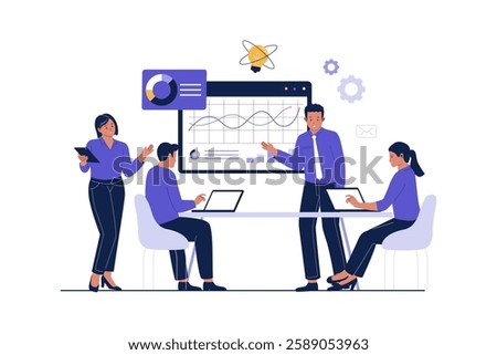 Illustration of business data analysis team meeting. Project development, data analytics, business plan. Illustration for websites, landing pages, mobile apps, posters and banners.