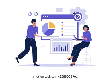 Illustration of business data analytics design. Data analytics research for business. Illustration for websites, landing pages, mobile apps, posters and banners.