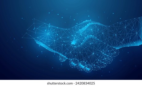 illustration of a business deal handshake and cooperation agreement. blue low poly style futuristic background.