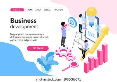 Ilustración de un desarrollo empresarial, un equipo de tres personas trabajando cada uno. Concepto de diseño de ilustraciones vectoriales isométricas.