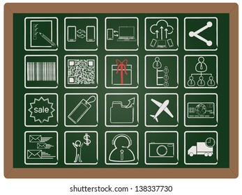 illustration of business and finance icon concept design element collection set written on blackboard background vector, eps10