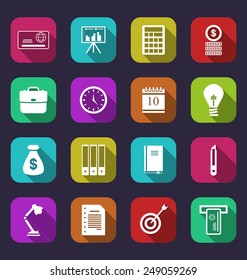 Illustration business and financial items, colorful flat icons with long shadows - vector
