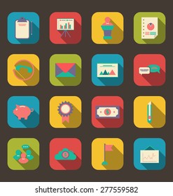Illustration Business and Financial Objects, Flat Icons with Long Shadows, Colorful Application - Vector
