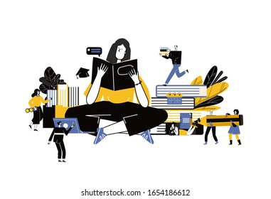  illustration of business graphics, distance learning, online courses and business, education, online books and tutorials, preparation for exams, home schooling. Vector

