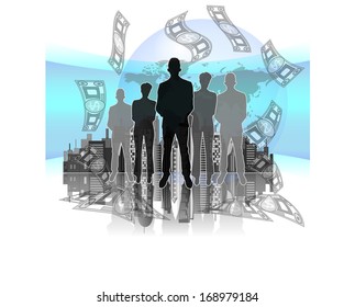 Illustration of business group with money, map and skyline