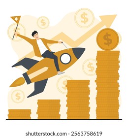 Illustration of business growth concept featuring a man riding a rocket over stacks of gold coins, symbolizing financial success, progress, and achievement