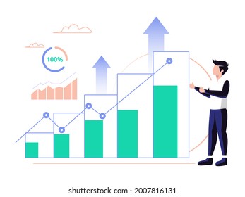 Illustration of business growth concept. Business man is observing the development of the company. Vector illustration.
