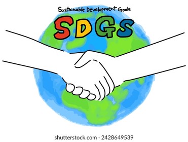Illustration of business handshake on the background of the world map.