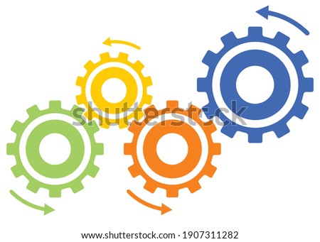 Illustration and business image of four gears meshing and moving. Infographics.