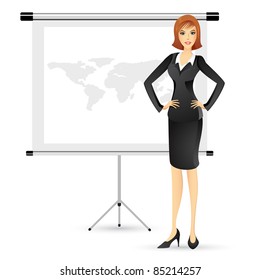 illustration of business lady giving presentation in white board