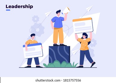 Illustration Business leadership. Team leadership. Leaders in group shouting with megaphone. Leadership Success concept. Success business team work with leader. Website, UI UX, banner.