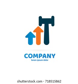 Illustration of business logotype bidding and auction. Vector design logo hammer and arrow. Court pictogram, lawyer abstract icon
