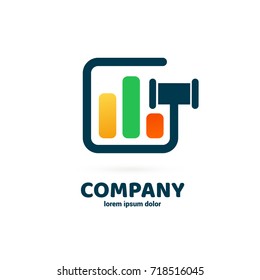 Illustration of business logotype bidding and auction. Vector design logo hammer and arrow. Court pictogram, lawyer abstract icon