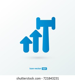 Illustration of business logotype bidding and auction. Vector design logo hammer and arrow. Court pictogram, lawyer abstract icon