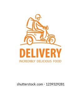 Illustration of business logotype restaurant and cafe. Vector design logo food delivery. Food pictogram, car and motorcycle abstract icon.