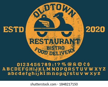 Illustration of business logotype restaurant and cafe. Vector design logo food delivery.Hand drawn vintage retro font.Letters and numbers. 