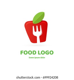 Illustration of business logotype restaurant and cafe. Vector design logo fork and fruit. Food pictogram, cooking abstract icon