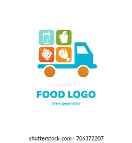 Illustration of business logotype restaurant and cafe. Vector design logo food delivery. Food pictogram, car abstract icon