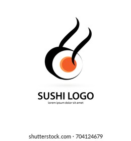 Illustration of business logotype Sushi restaurant. Vector design logo Eastern cuisine. Food pictogram, roll and chopsticks icon
