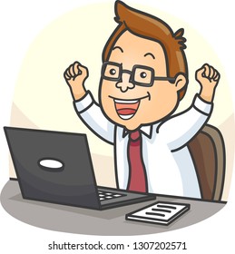 Illustration of a Business Man with Both Hands Up and Happy Looking at Laptop