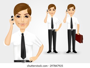 illustration of business man with briefcase talking on the phone
