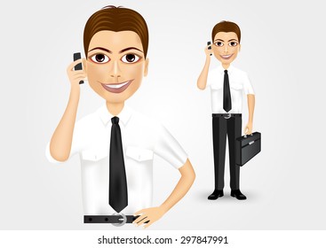 illustration of business man with briefcase talking on the phone