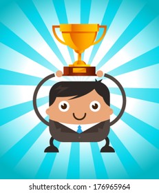 Illustration of business man cartoon holding gold trophy