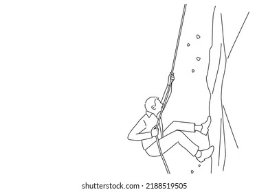 Illustration of business man climbs a mountain. One line art style
