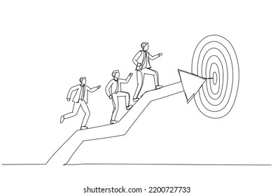 Illustration of business man coworkers walking up arrow to reach target. Metaphor for team target or achievement, teamwork or leadership. One line art style
