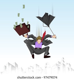 illustration of business man falling with umbrella and suitcase full of note