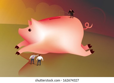 Illustration of a business man fishing for money in a giant piggy bank