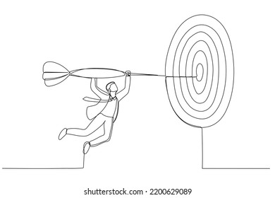 Illustration of business man flying on the arrow to the target. Concept for business illustration. One line style art

